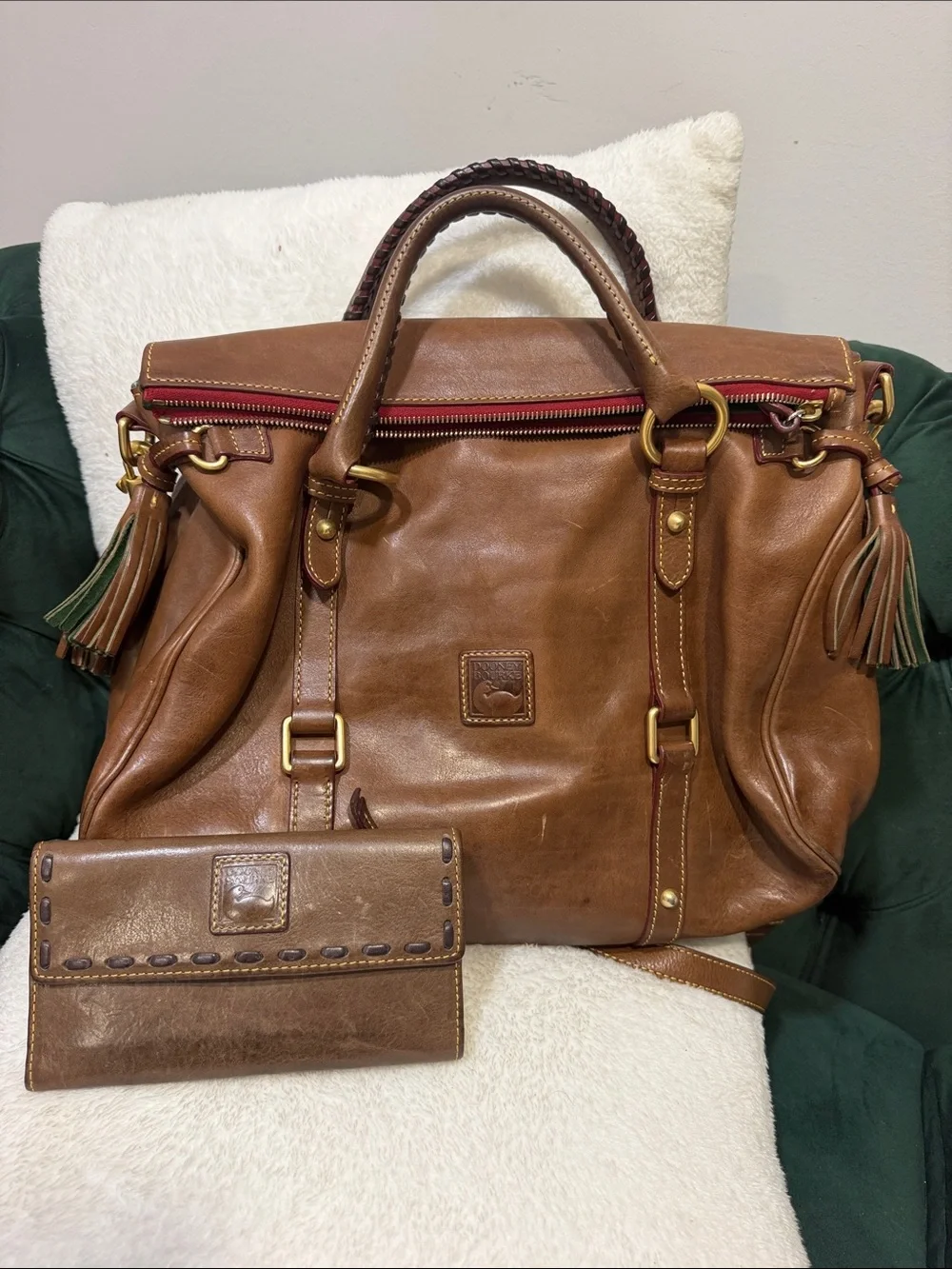 Dooney & Bourke Brown Leather Satchel with Tassels